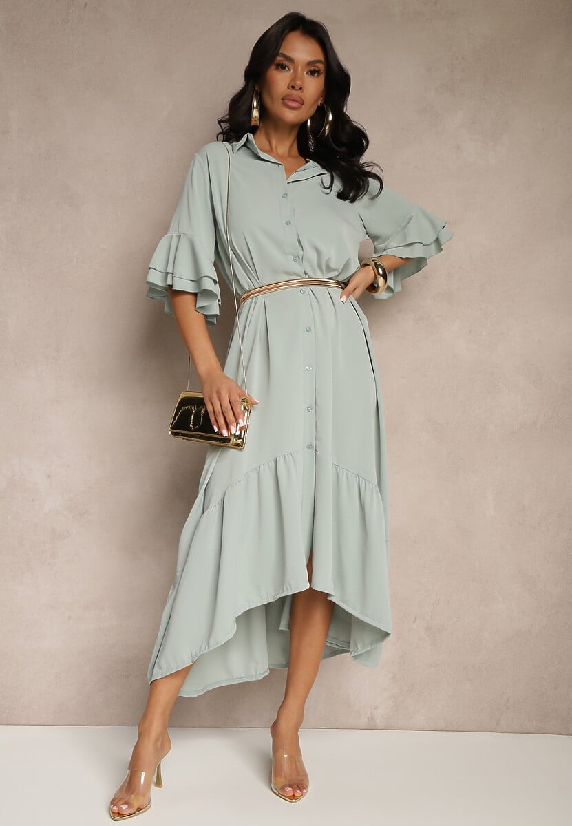 Jasnozielona Koszulowa Sukienka Ozdobiona Falbanką Ransara