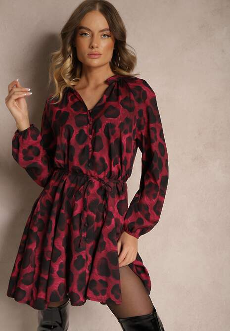 Bordowa Sukienka w Panterkowy Print o Rozkloszowanym Kroju z Wiązaniem w Talii Ameriana