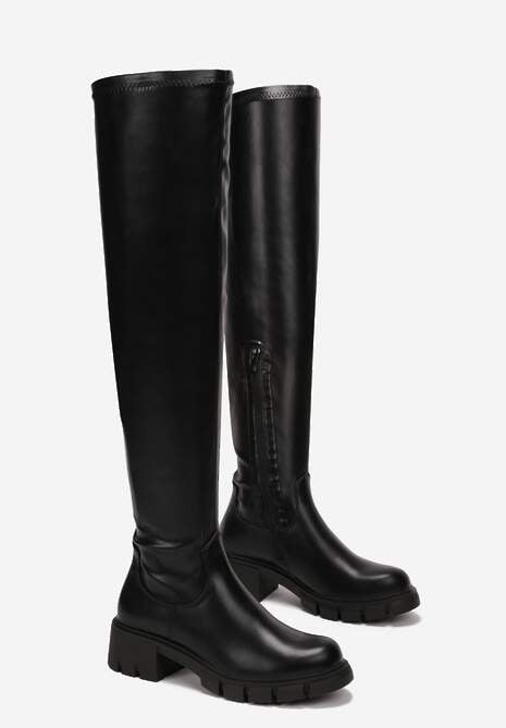 Czarne Kozaki za Kolano z Imitacji Skóry na Grubej Podeszwie z Suwakiem Ariuka