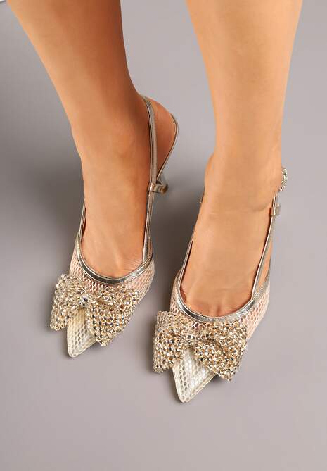 Złote Sandały Siateczkowe Vices na Szpilce Zdobione Kokardą i Cekinami Reandra