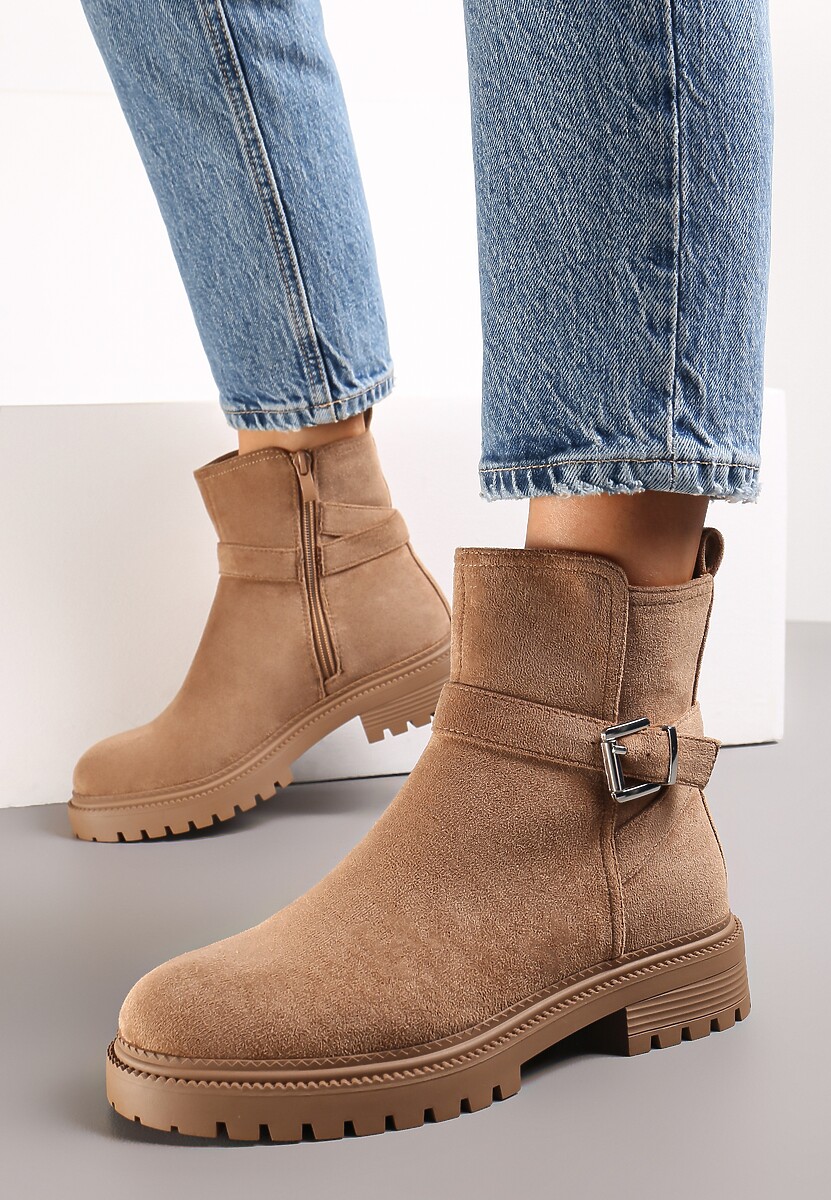 Brązowe Płaskie Botki na Grubej Podeszwie z Klamerką na Cholewce i Zamkiem Błyskawicznym Layliee