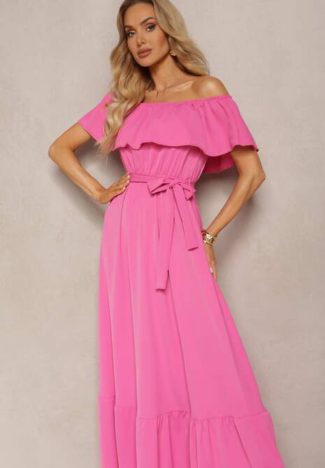 Różowa Hiszapanka Sukienka o Rozkloszowanym Fasonie z Falbanką Naviara