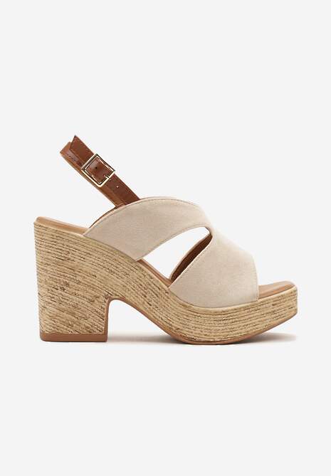 Beżowe Sandały z Imitacji Zamszu na Ozdobnym Słupku i Platformie Effiah