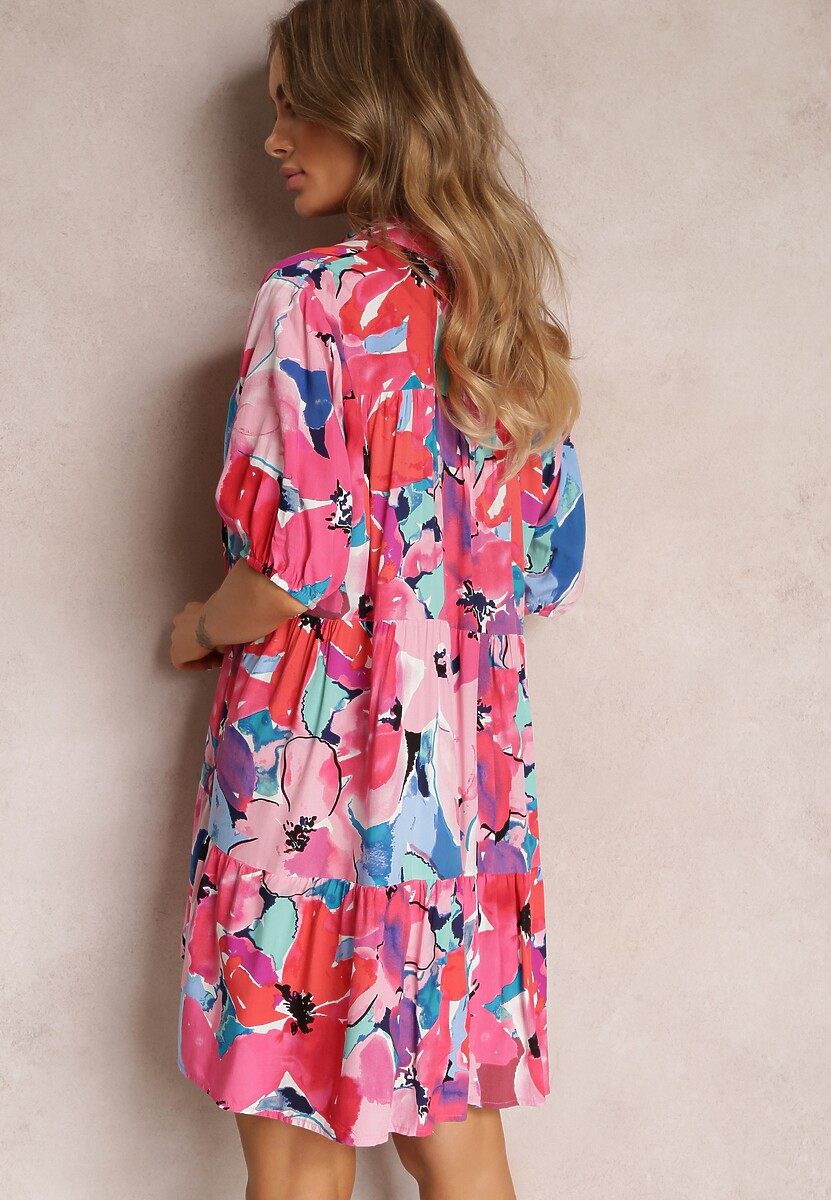 Różowa Koszulowa Sukienka Mini z Wiskozy z Falbaną na Dole Yalle