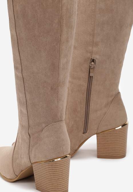 Ciemnobeżowe Kozaki Kowbojki przed Kolano z Metalicznym Noskiem Caspianna