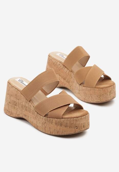 Brązowe Klapki na Korkowej Platformie i Koturnie Dovilene