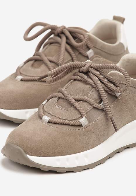 Ciemnobeżowe Zamszowe Sneakersy z Wkładką ze Skóry Naturalnej Dolavienne