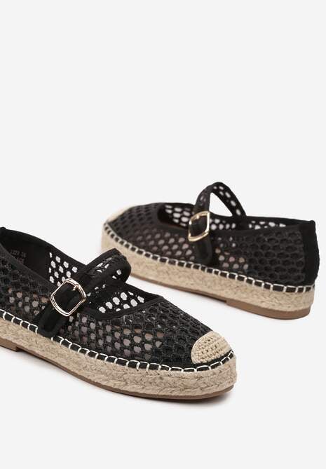 Czarne Siateczkowe Espadryle na Podeszwie z Juty Zapinane na Sprzączkę Geniffia