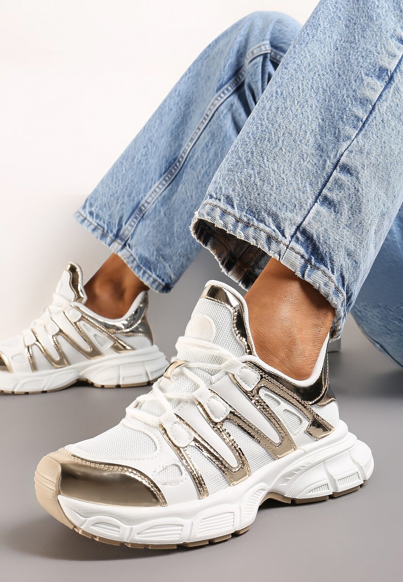 Złote Sneakersy Ozdobione Tłoczeniem i Wstawkami Keladavia