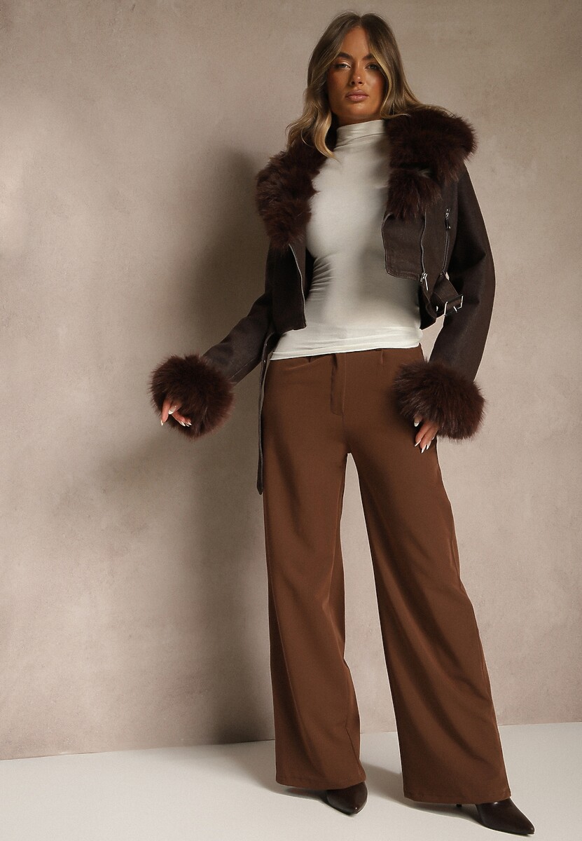 Brązowe Szerokie Spodnie High Waist z Gumką w Pasie Eternel