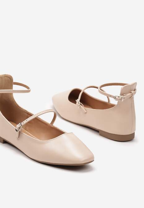 Beżowe Balerinki z Imitacji Skóry na Płaskiej Podeszwie z Dwiema Sprzączkami Rosalalia