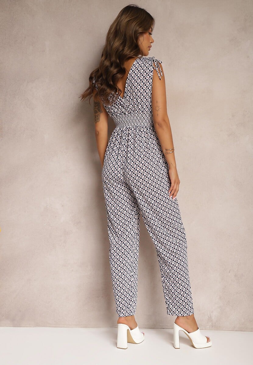 Granatowo-Biały Kombinezon z Długimi Nogawkami i Szeroką Gumką w Talii Belamy