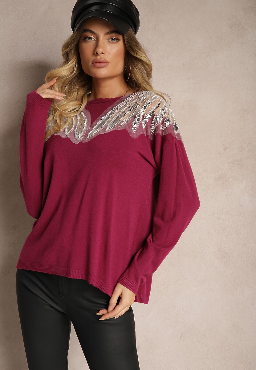 Fioletowy Sweter z Wiskozą Ozdobiony Koralikami i Cekinami Nevarita