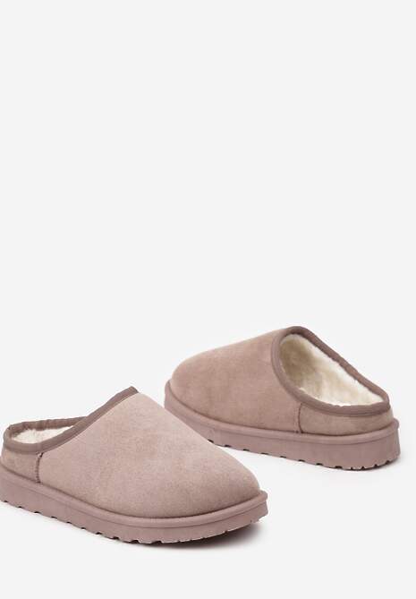 Ciemnobeżowe Casualowe Kapcie na Płaskiej Podeszwie z Futerkiem Peccaria