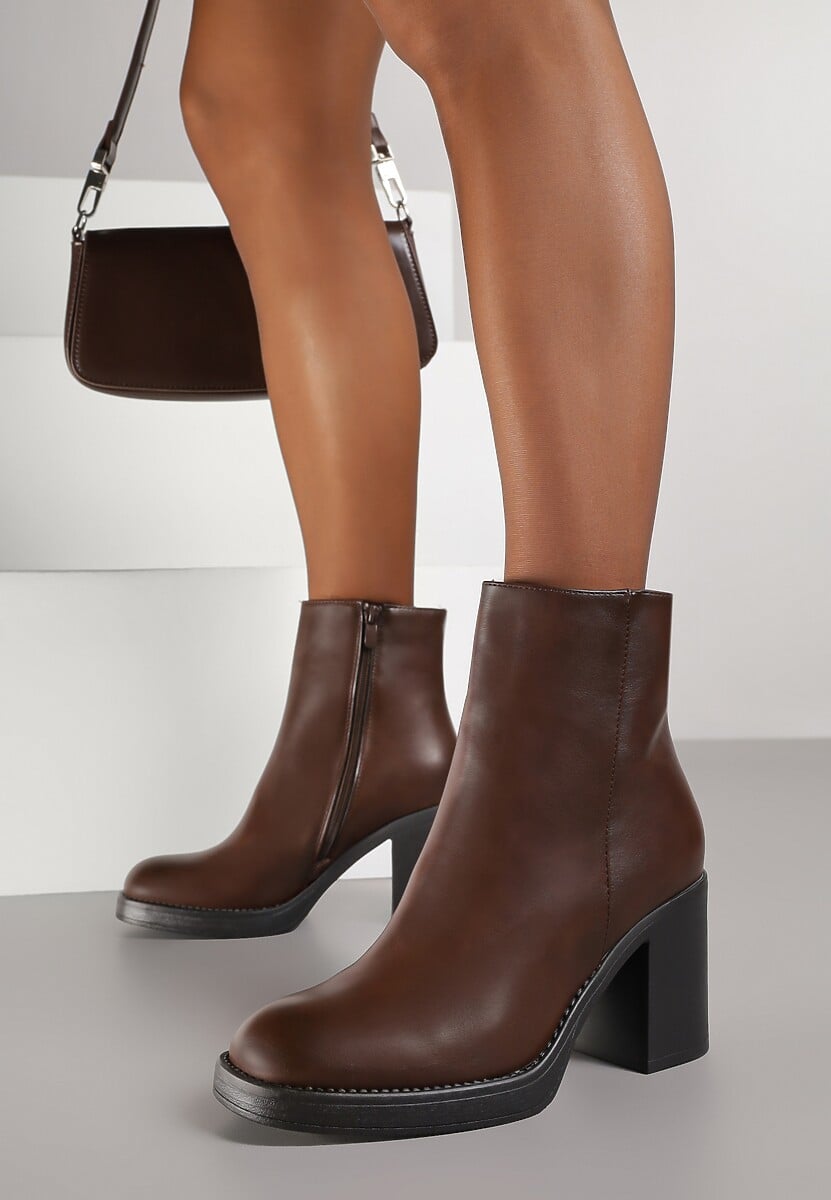 Brązowe Eleganckie Botki z Cholewką do Kostki na Słupku Esleana