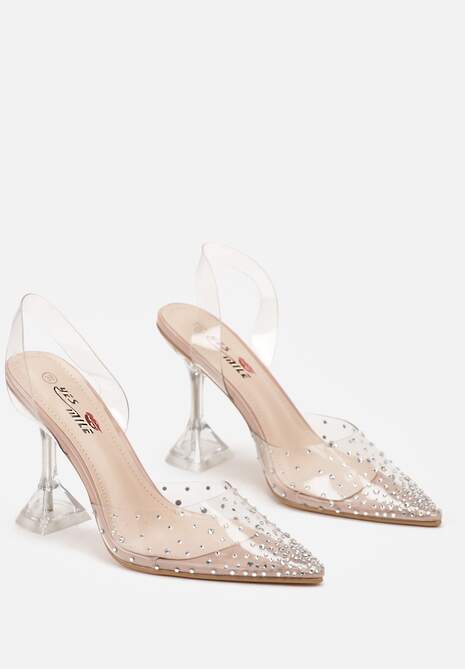 Beżowe Sandały z Transparentną Cholewką Ozdobioną Cyrkoniami na Geometrycznym Obcasie Cedrella