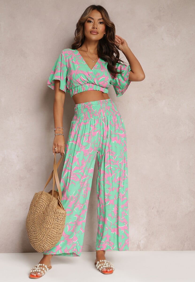 Pomarańczowy 2-częściowy Komplet z Szerokimi Spodniami i Krótką Bluzką z Wiskozy Steliisa