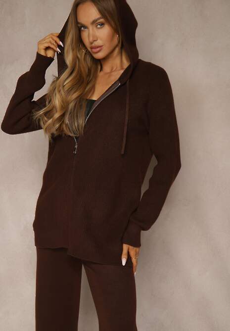 Brązowy Komplet z Wełną i Bawełną Rozpinana Bluza z Kapturem i Szerokie Spodnie Reisema