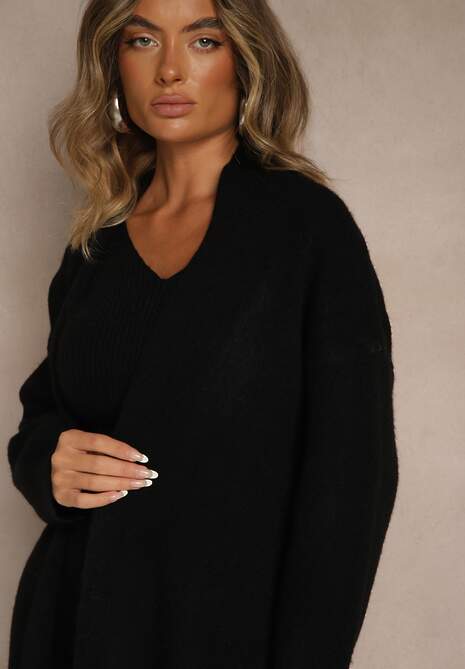 Czarny Dzianinowy Komplet z Wełną Prążkowana Sukienka i Długi Kardigan Falonessa