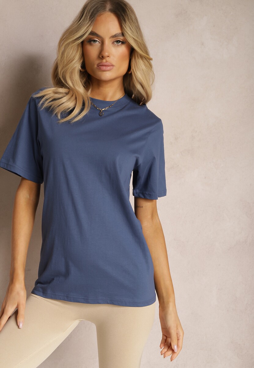 Granatowa Klasyczna Koszulka z Bawełny z Podwiniętymi Rękawkami Oboea