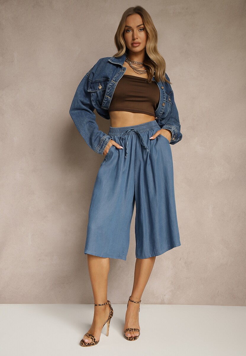 Niebieskie Szerokie Szorty Bermudy z Ozdobnym Wiązaniem Terpio