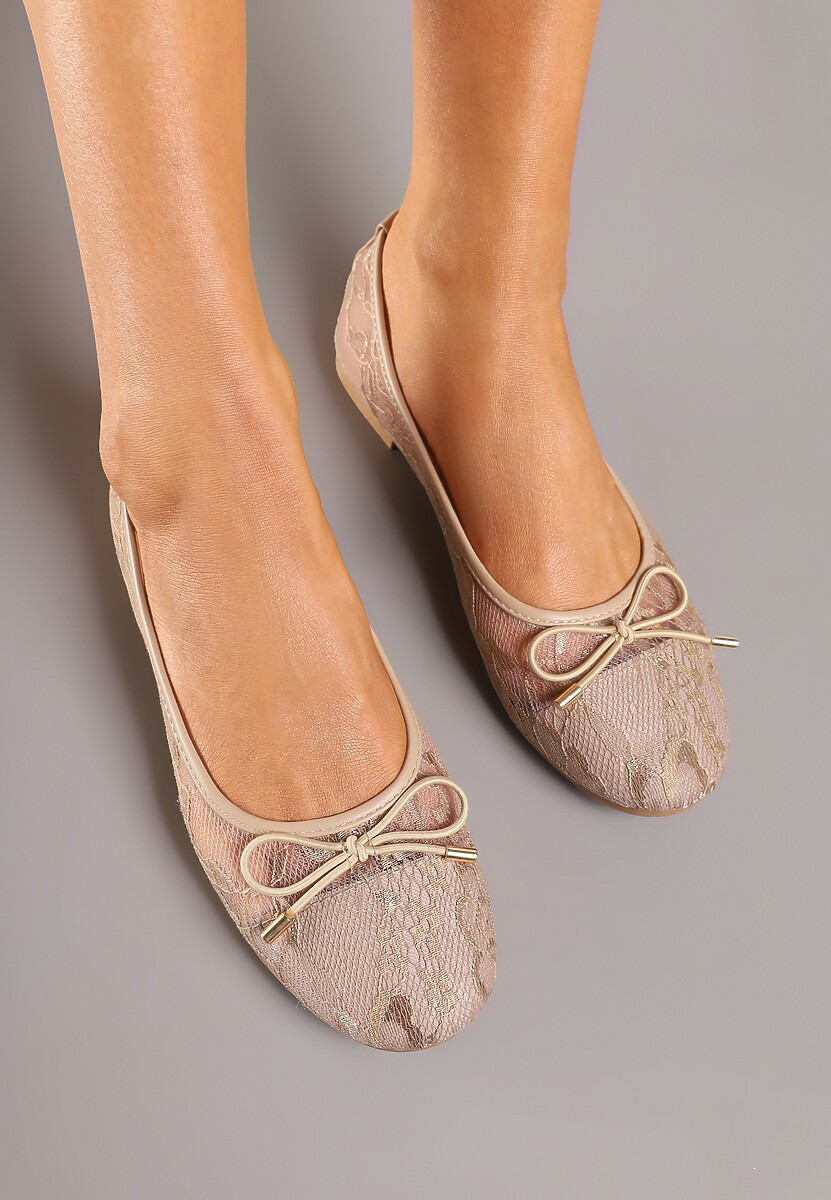 Ciemnobeżowe Balerinki z Koronkową Cholewką i Kokardą Ulidisa