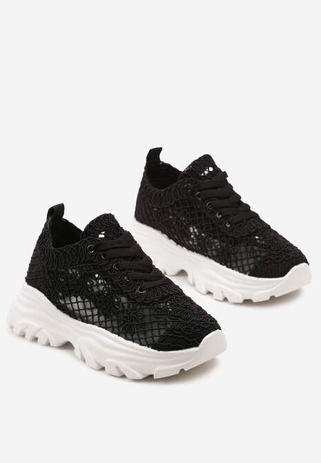 Czarne Ażurowe Sneakersy na Niskiej Platformie przed Kostkę Timane