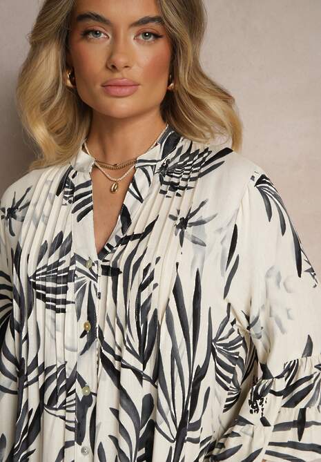 Ciemnoszara Rozkloszowana Sukienka z Wiskozy z Falbanami z Motywem Roślinnym Ridivaria