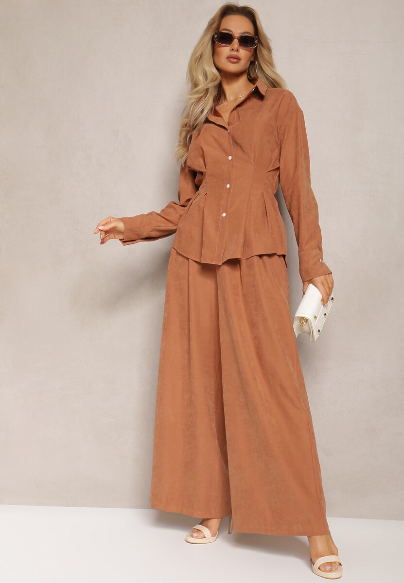 Brązowy Komplet Luźne Spodnie na Gumce i Dłuższa Koszula Wiązana na Plecach Darienas