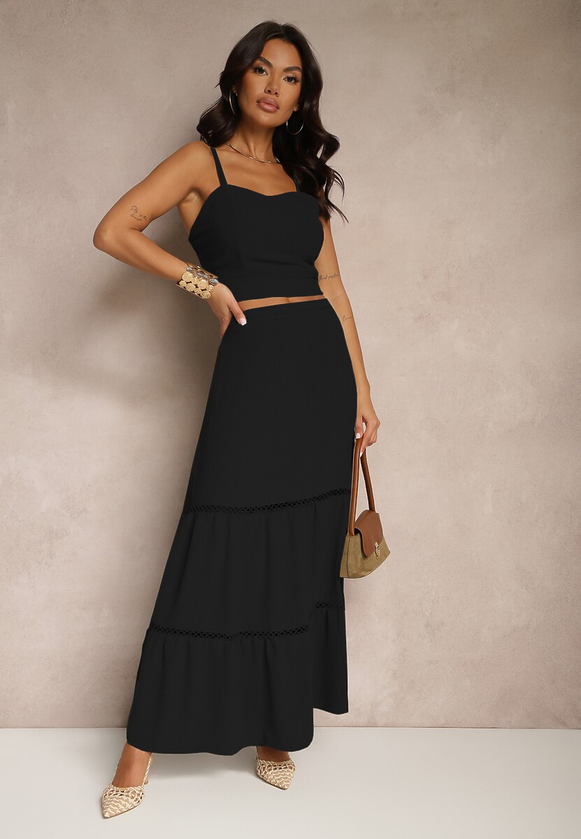 Czarny Komplet Top na Ramiączkach i Rozkloszowana Spódnica Amurra