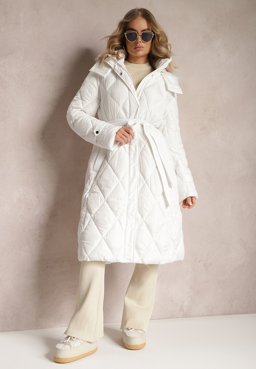 Biała Pikowana Kurtka Płaszcz za Kolano Wiązana w Pasie z Kapturem Klavsa