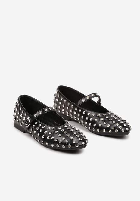 Czarne Cyrkoniowe Balerinki na Płaskiej Podeszwie z Ozdobnym Paskiem Bararia