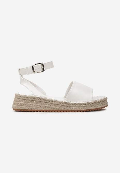 Białe Sandały na Płaskim Obcasie z Plecionką i Paskiem ze Sprzączką Linrewa