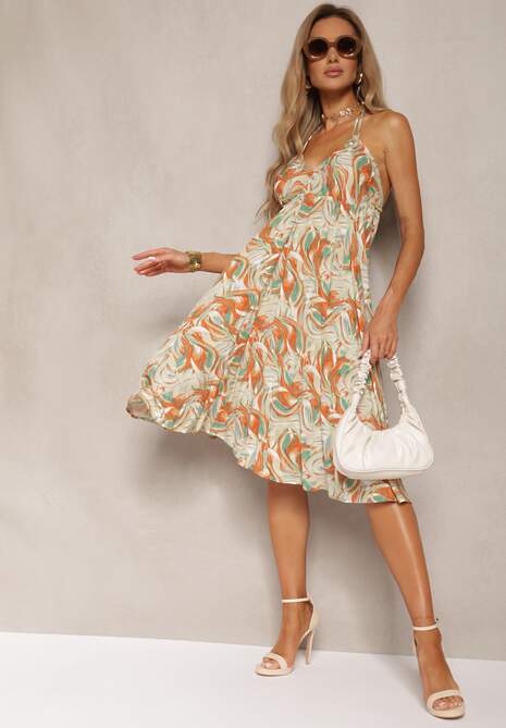 Pomarańczowa Rozkloszowana Sukienka z Bawełny na Ramiączkach ze Ściągaczem Wiązana z Tyłu Viklly