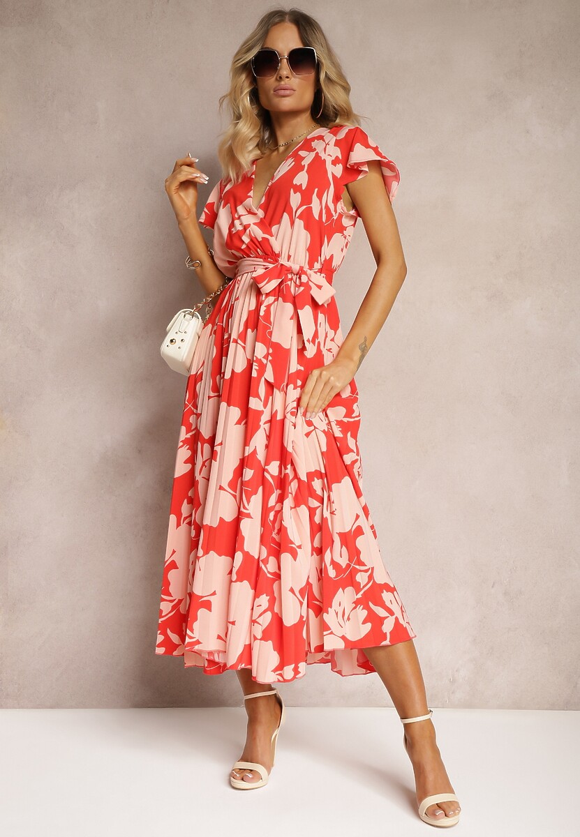 Czerwona Kopertowa Plisowana Sukienka Koktajlowa z Gumką i Paskiem w Talii Benelsea