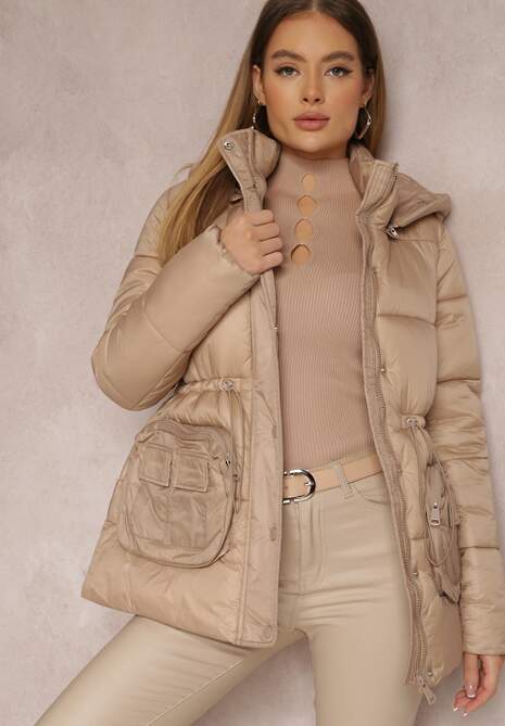 Beżowa Kurtka Pikowana Ściągana w Talii Althomene