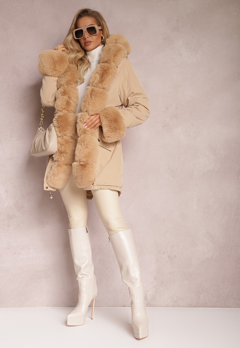 Beżowa Kurtka Parka ze Ściągaczem i Kapturem z Futerkiem Bellad