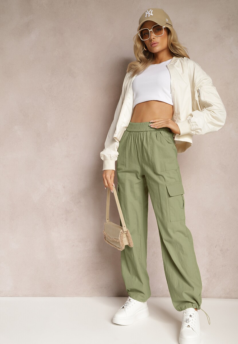 Beżowe Spodnie Spadochronowe z Wysokim Stanem i Kieszeniami z Klapami Nymfa