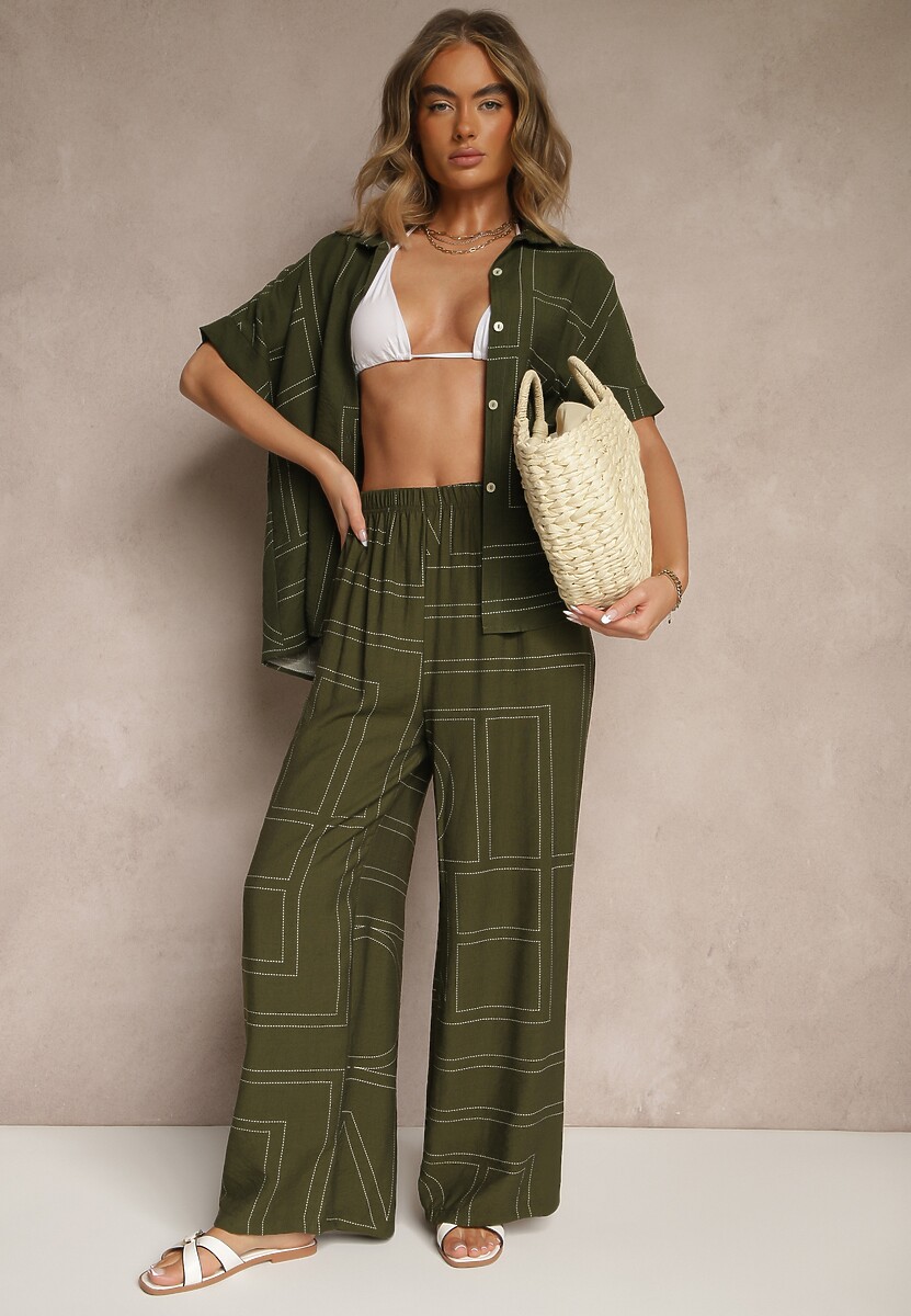 Czarny Komplet z Wiskozą i Lnem Spodnie i Koszula z Geometrycznym Motywem Fevalette