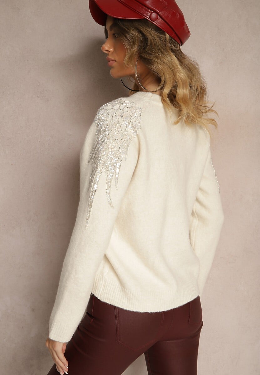 Jasnobeżowy Sweter z Wełną Ozdobiony Cekinami Gebilae