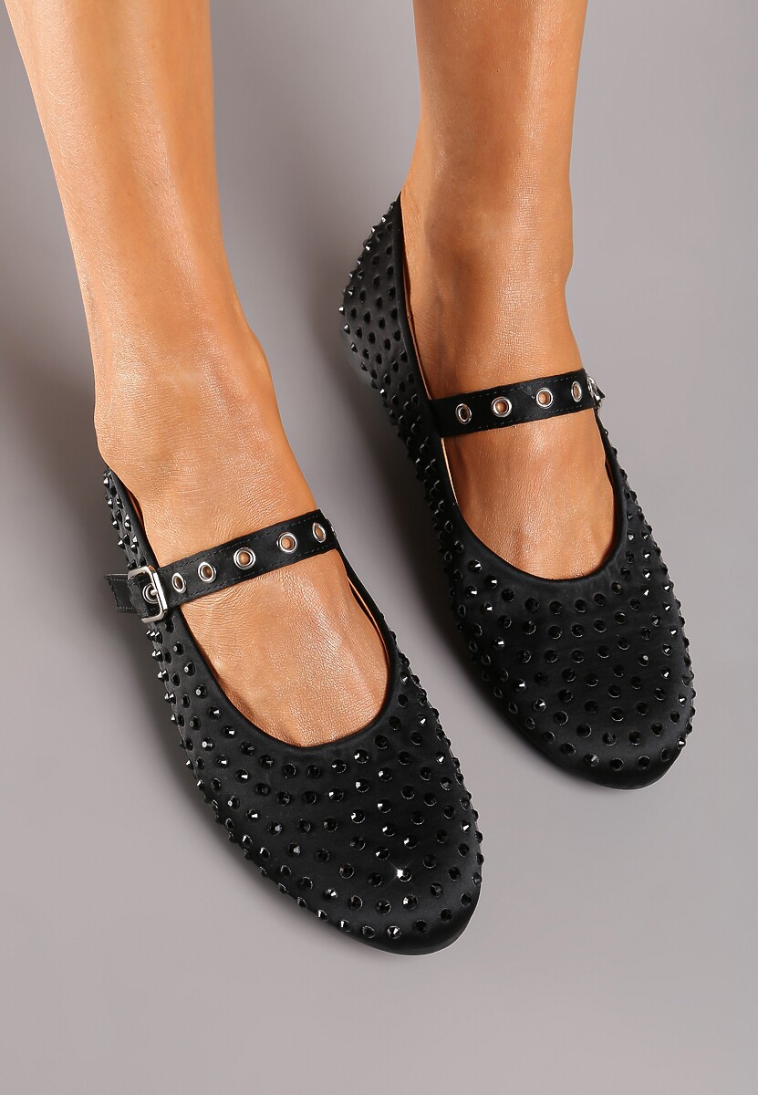 Czarne Cyrkoniowe Balerinki w Stylu Mary Jane na Płaskiej Podeszwie z Ozdobnym Paskiem Armiola