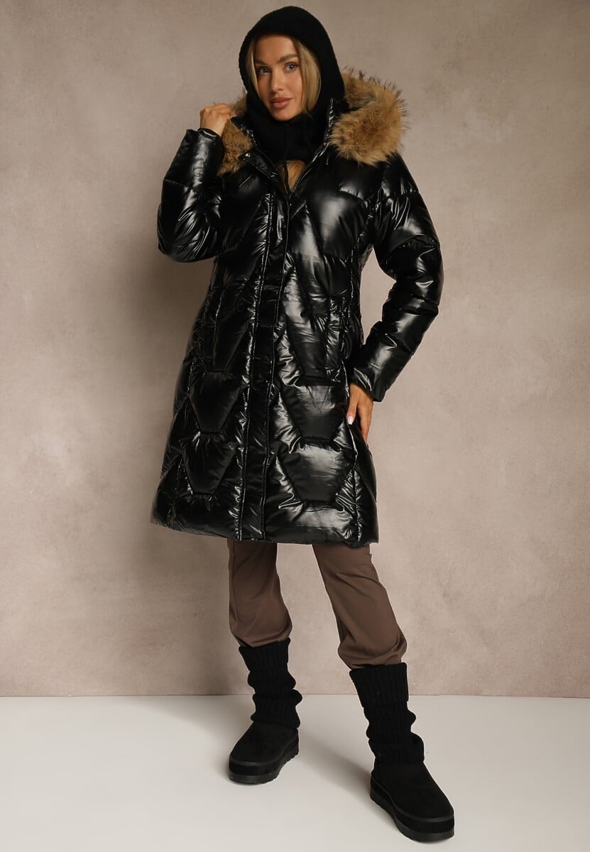 Czarno-Brązowa Pikowana Kurtka o Długim Kroju z Kapturem i Odpinanym Futrem Mocno Ocieplana Lillanea