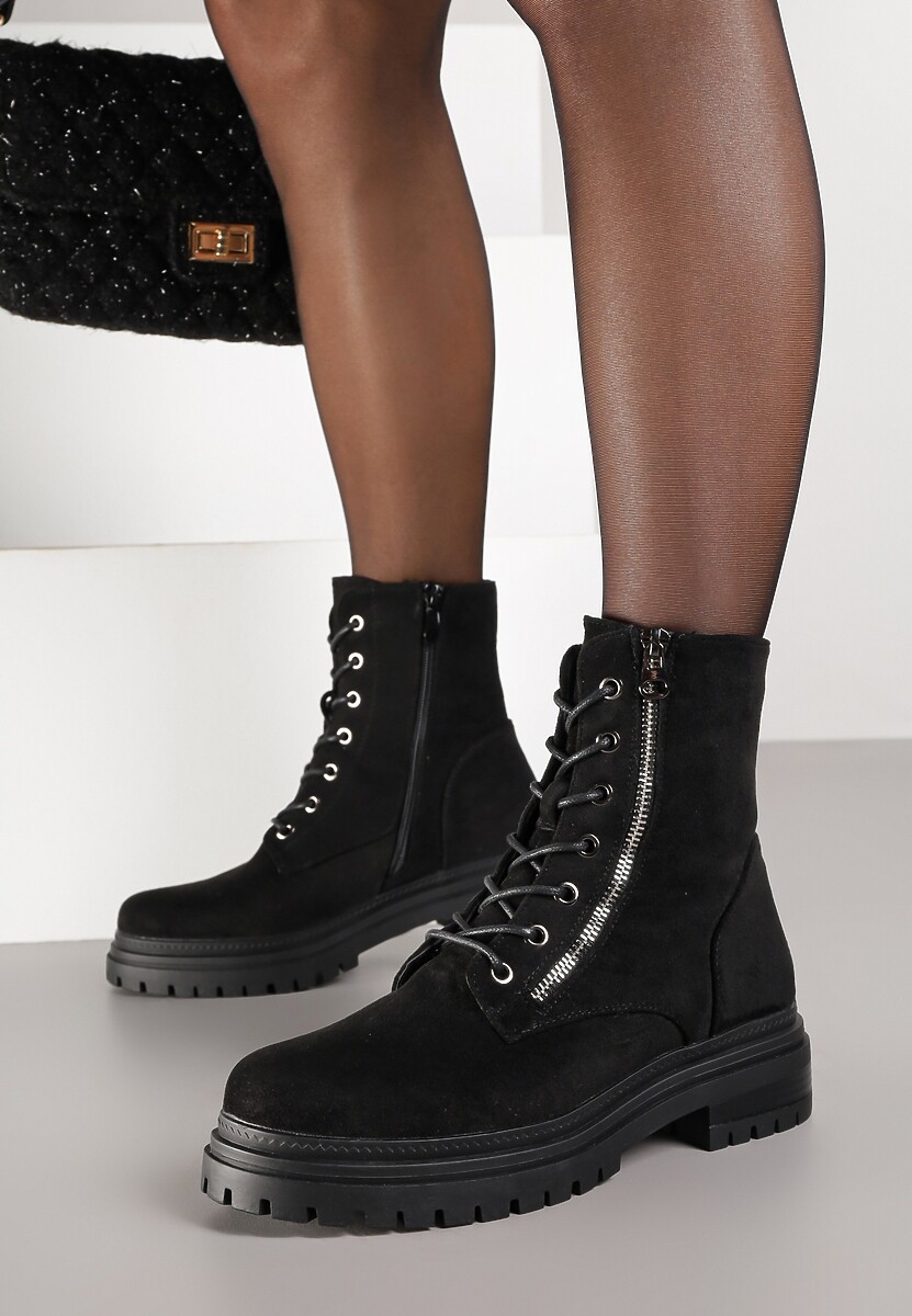 Czarne Botki Workery Ozdobione Suwakiem Clarena