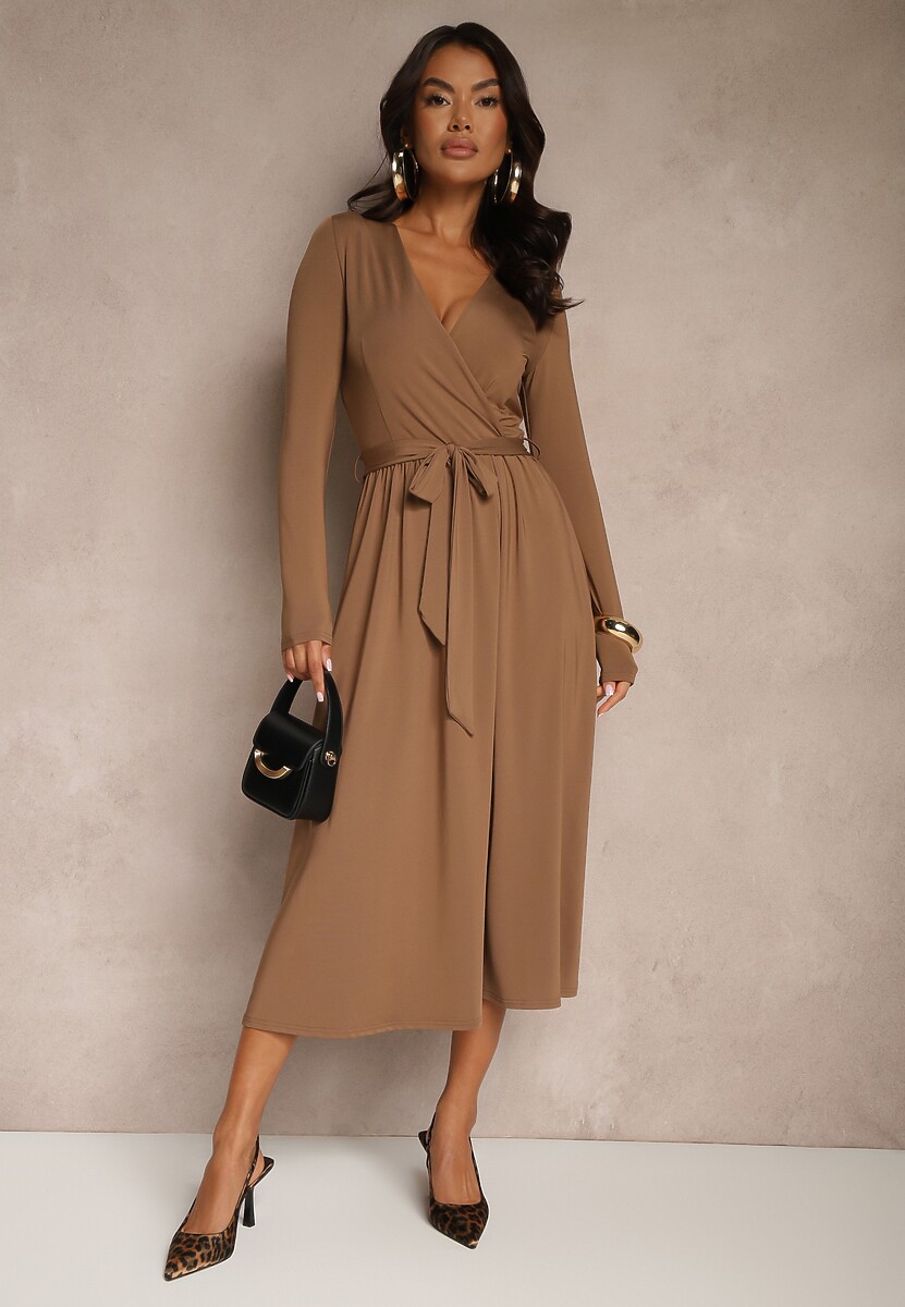 Brązowa Taliowana Sukienka z Paskiem z Domieszką Wiskozy Hrestalia