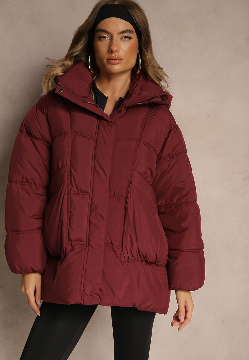 Bordowa Kurtka Oversize z Pikowanymi Przeszyciami i Kapturem Galeana