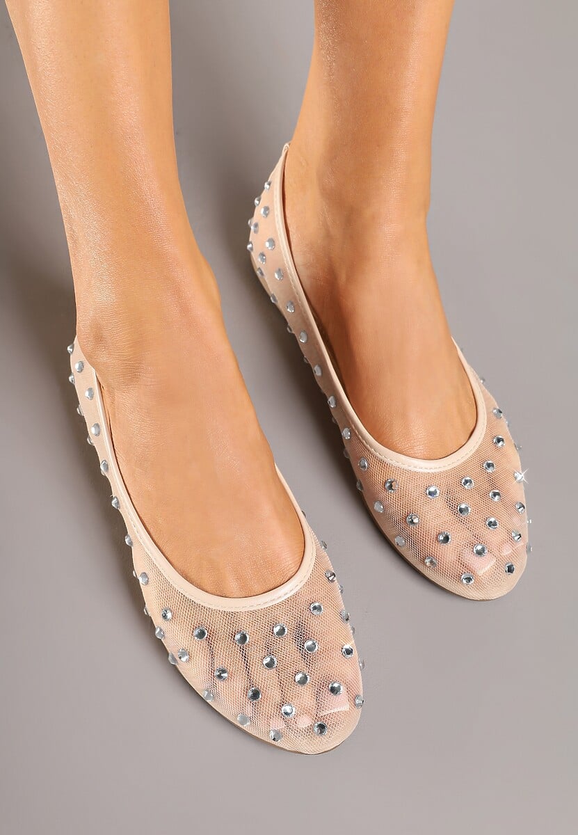Beżowe Balerinki Siateczkowe z Cyrkoniami All Over Annilea