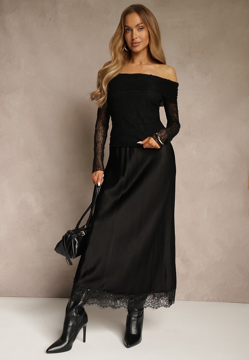 Czarna Wiskozowa Spódnica Satynowa z Koronką Fedore