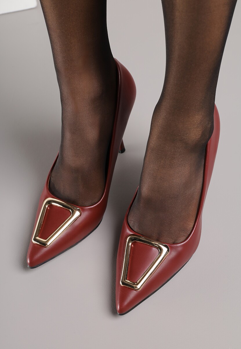 Bordowe Szpilki Vices z Wkładką ze Skóry Naturalnej Ozdobione Klamrą Miava