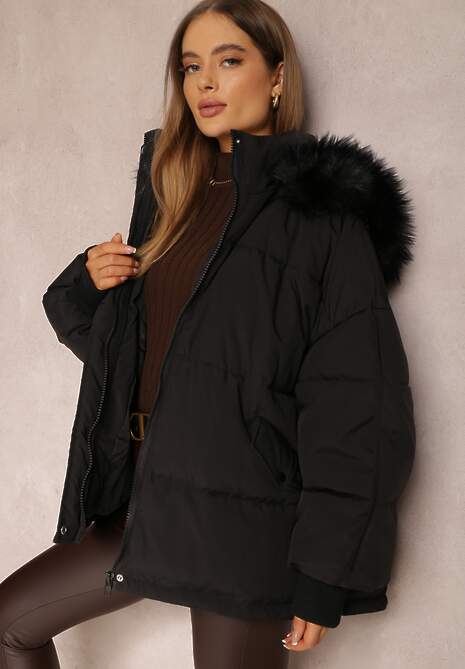 Czarna Kurtka Oversize z Futrzanym Kapturem Haduni