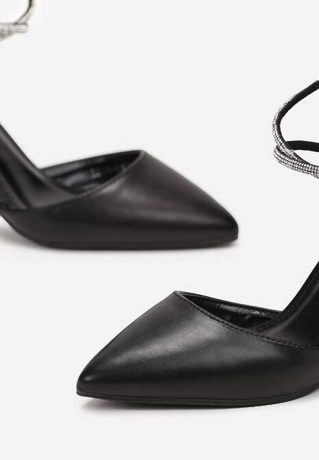 Czarne Czółenka na Słupku ze Szpiczastym Noskiem i Paskiem w Cyrkonie Jiansa